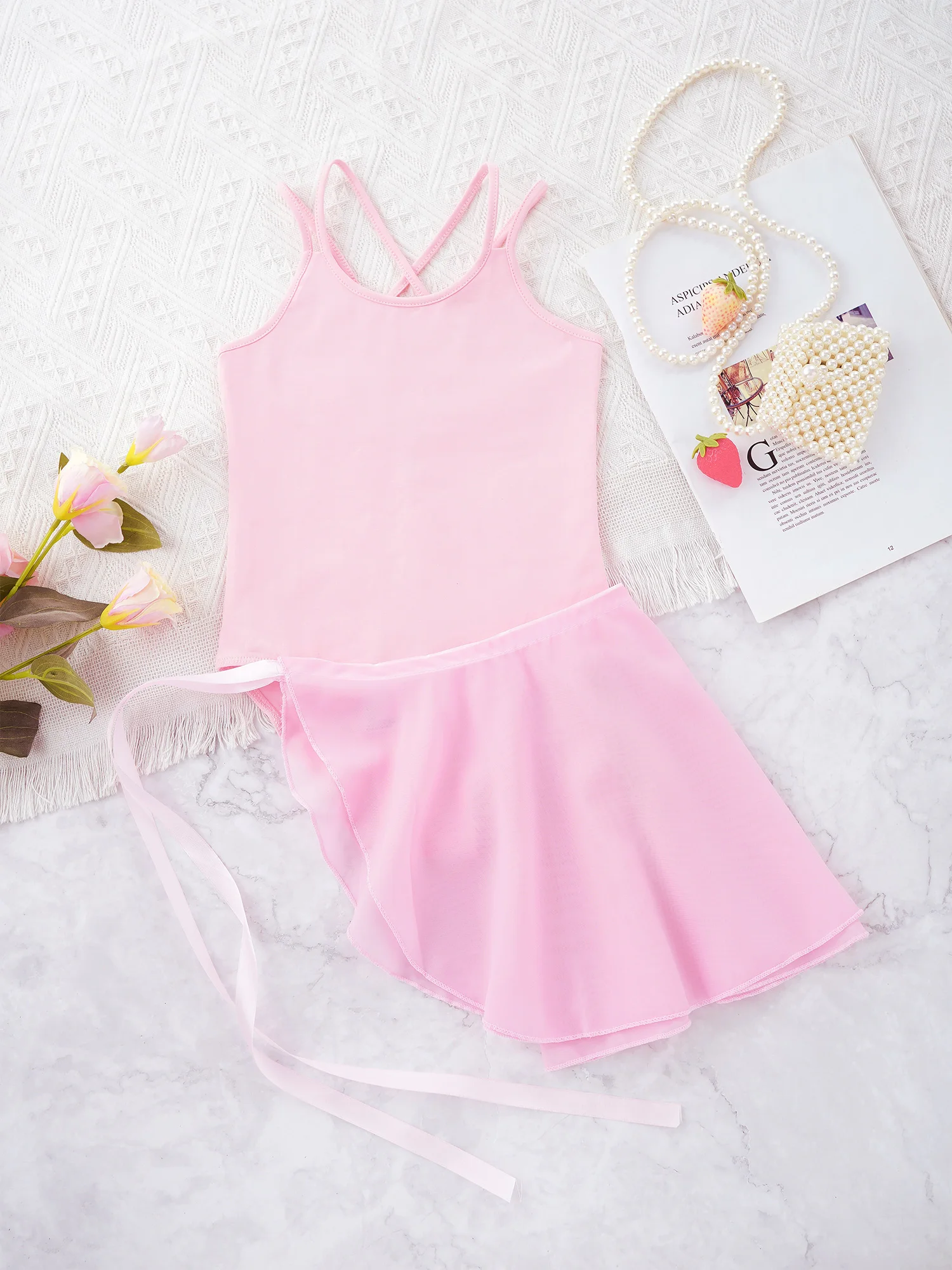 Girls Ballet Dress Gymnastic Leotard Ballerina Tutu Clothing Dancewear Sleeveless Leotard Bodysuit with Chiffon Tied Skirt Set