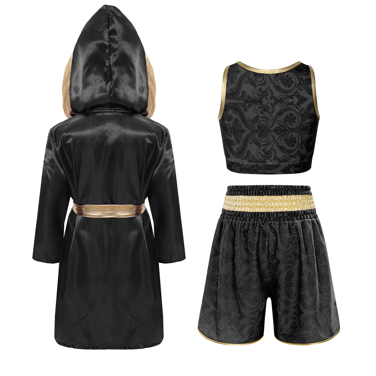 Kinder Jungen Mädchen Metallic-Verzierung Kampf-Boxoutfit mit Kapuze, Boxermantel und Gürtel, Blumenmuster-Weste mit elastischem Bund und Shorts – Detail 17