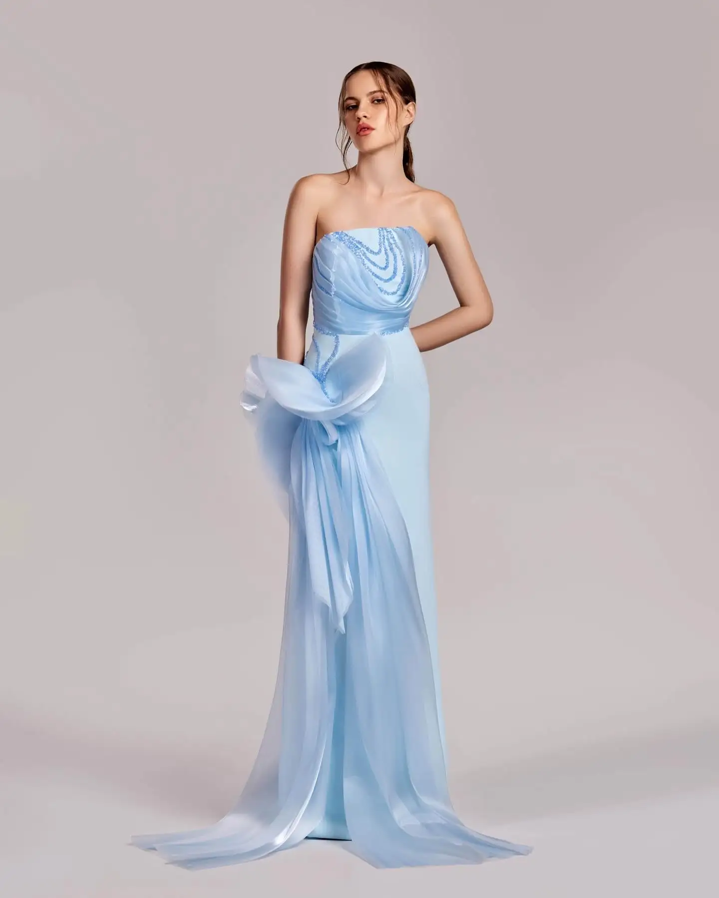 

Customized Graceful Jersey Mermaid Beading Sequined Tiered Evening Dress Sexy Sleeveless Strapless Floor Length prom dresses