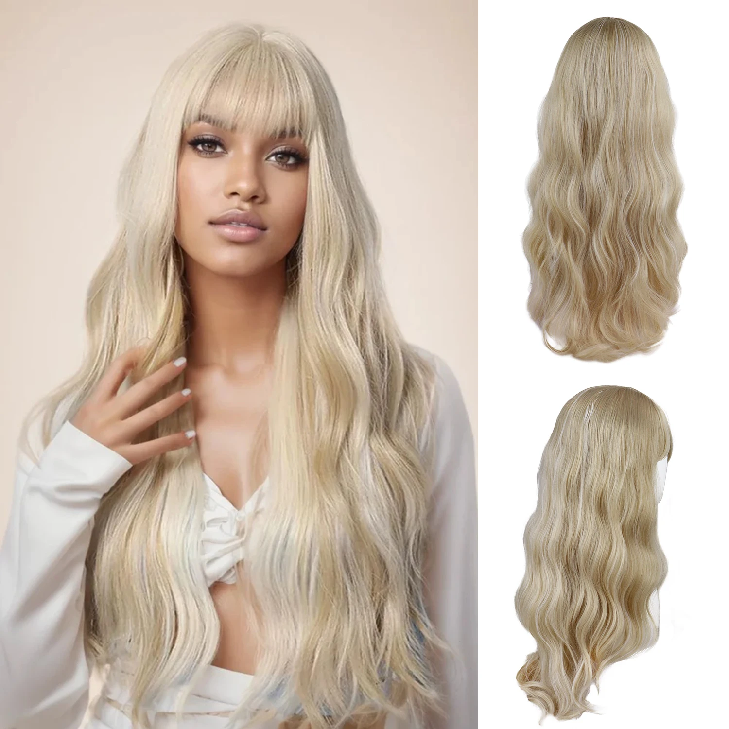

Synthetic Hair 32 Inch Long Blonde Wig with Bangs for Women Natural Wavy Curly Wigs Daily Party Cosplay Costume Heat Resistant