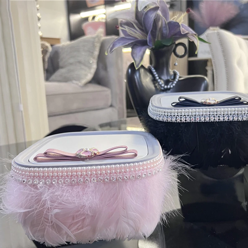 Cosmetic Storage Box with Feather Diamond, Storage Box, Desktop, Key, Sundry, Dressing Table, Perfume, Jewelry Organizer