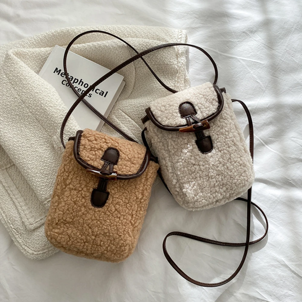 Winter Lambswool Phone Bag Women Faux Fur Shoulder Bags Sweet Lovely Portable Wallets Female Plush Crossbody Bag Square Purse