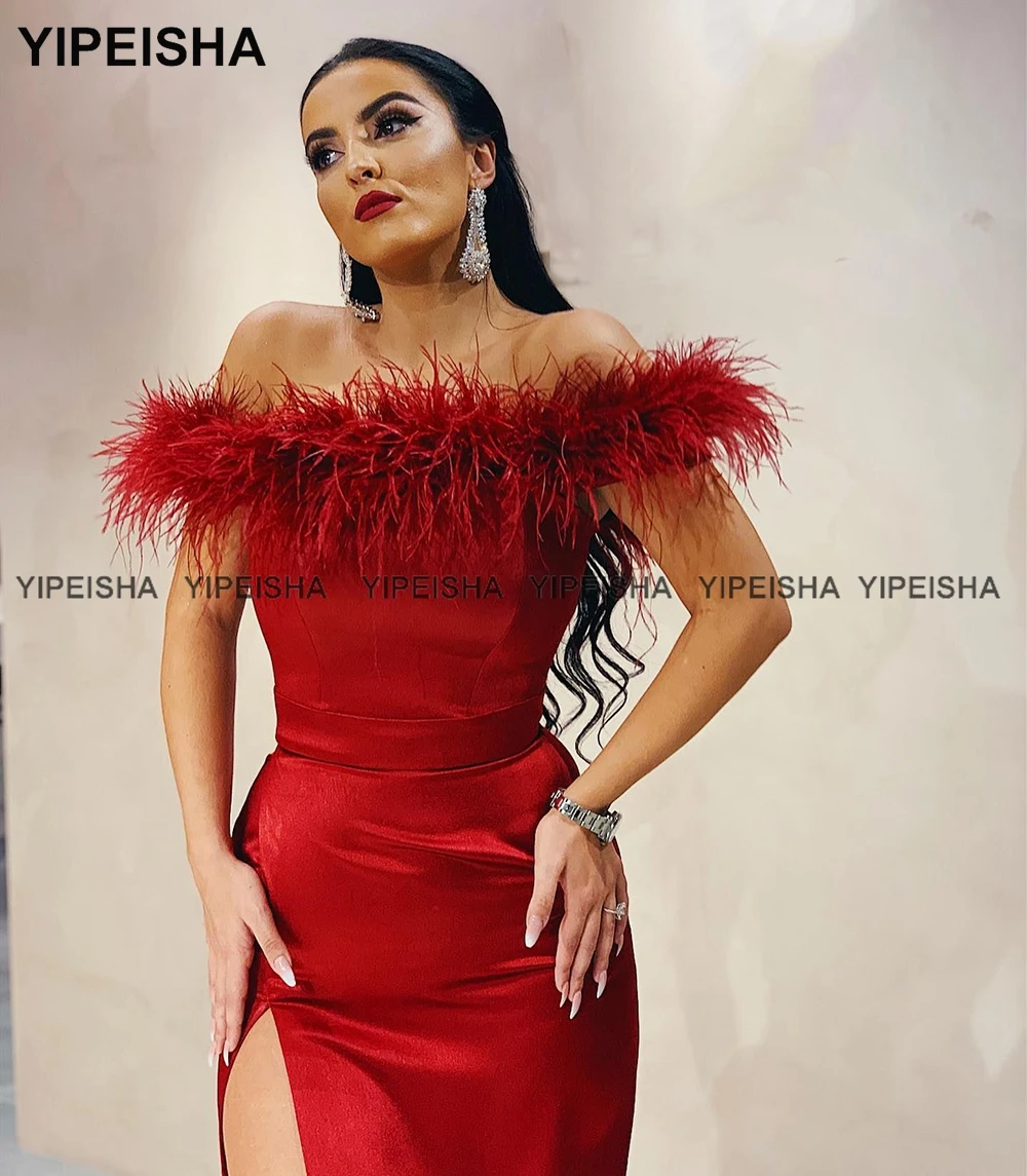 Yipeisha-Robe de Soirée Sexy en Satin Rouge à Épaules Dénudées, Tenue de Bal à Haute Fente, Plumes, Sirène, Personnalisée, 123