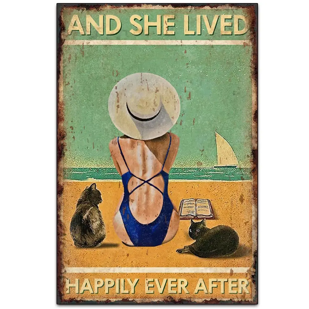 Vintage Cat Garage Inspiring Tin Metal Signs Artwork Wall Decoration - And She Lived Happily Ever After - Original Vintage  sign
