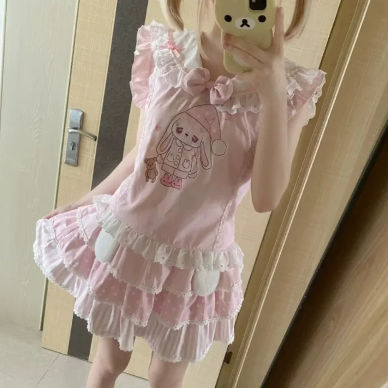 

Japanese-style Cute Dress Rabbit Print Top Skirt Pink Costume JK Uniform Full Set for Women Summer Casual Wear