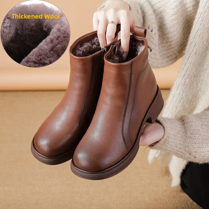 Warm Fleece Lined Short Boots Real Leather Fur Integrated Women's Anti-slip Winter Shoes Comfortable round Toe Mid-Calf Boots