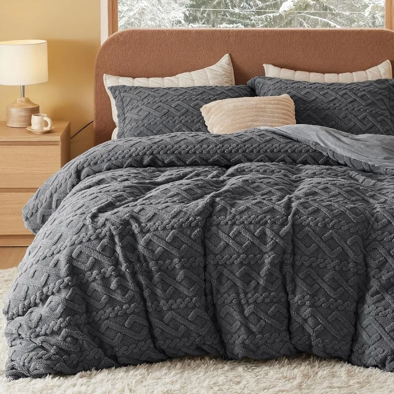 Fluffy Comforter Cover Set - Faux Fur Duvet Queen Size,Dark Grey Plush Quilt Cover,3 Pieces,with Zipper Closure & 2 Pillow Shams