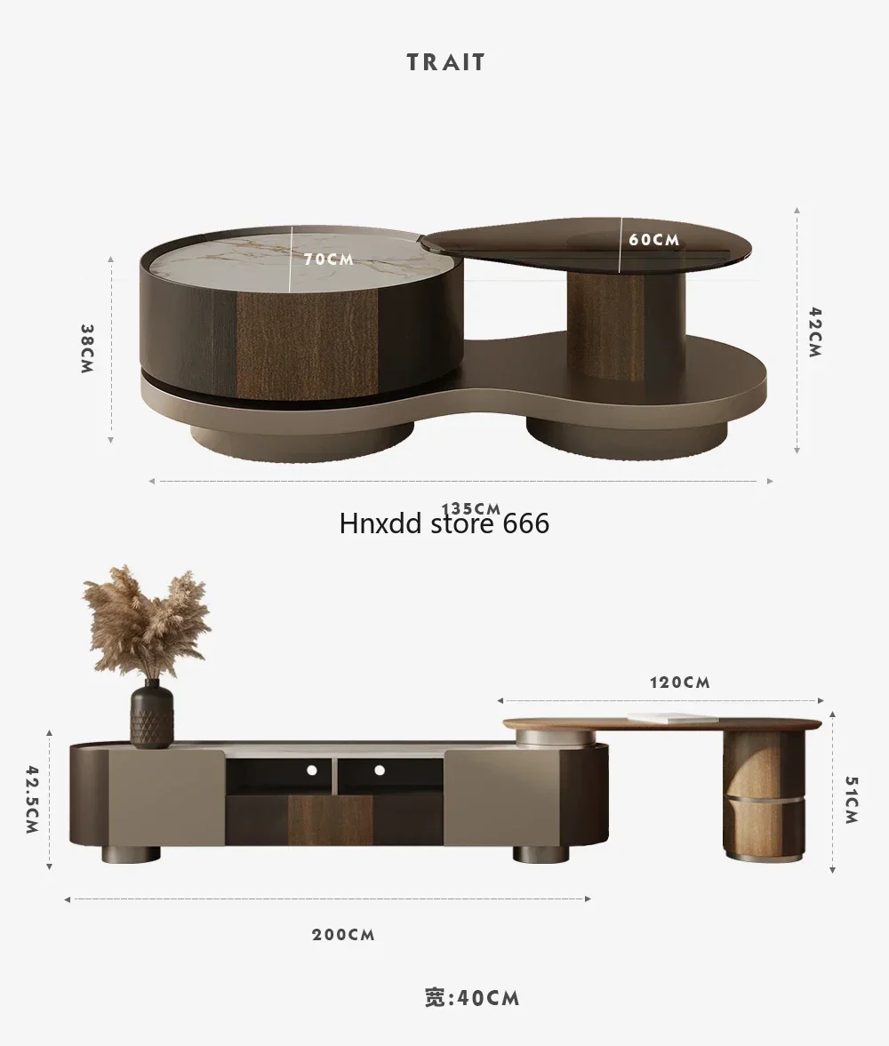 Rock slab special-shaped light luxury modern small apartment wabi sandy wind solid wood coffee table TV cabinet combination