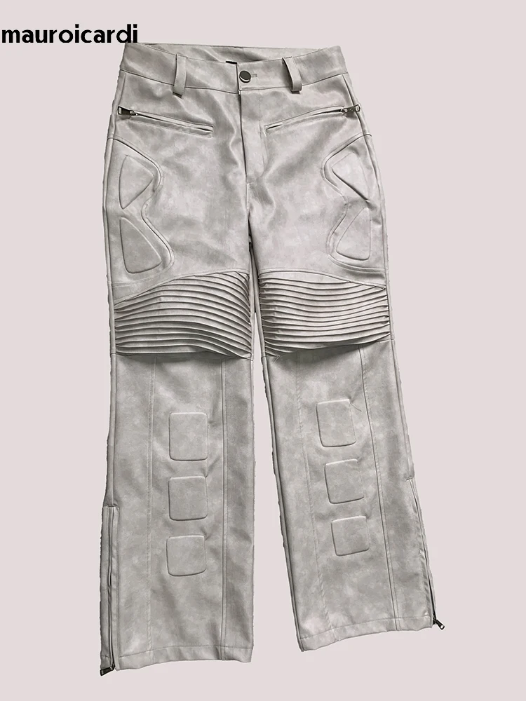 

Mauroicardi Spring Autumn Waterproof Distressed White Exoskeleton Pu Leather Pants Men Luxury Designer Emo European Clothes 2025