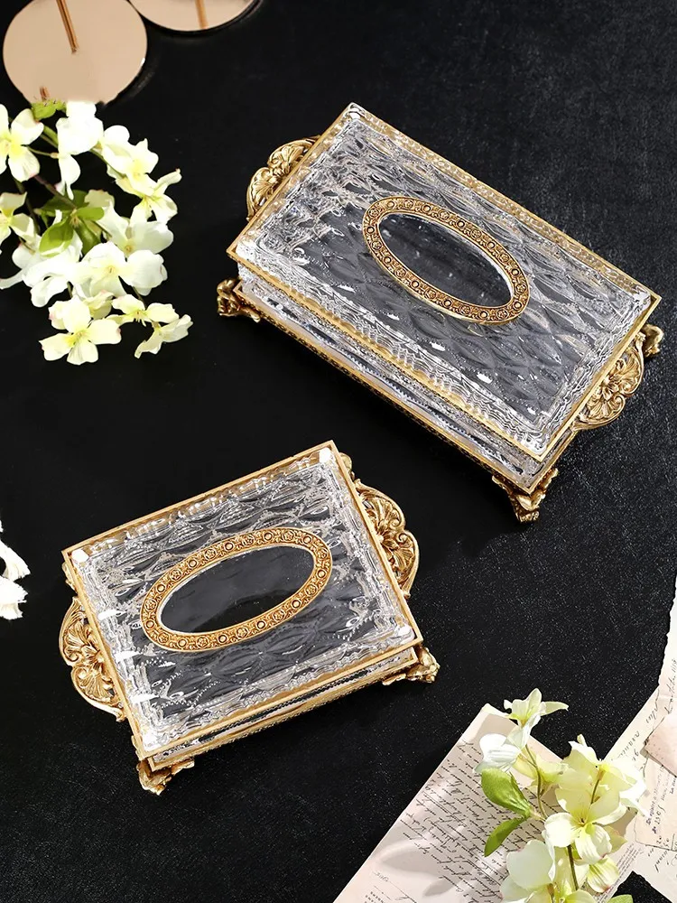 Crystal Glass Tissue Box Golden Brass Transparent Paper Box Kitchen Storage Vintage Desktop Tissue Holder Accesorios HQ145