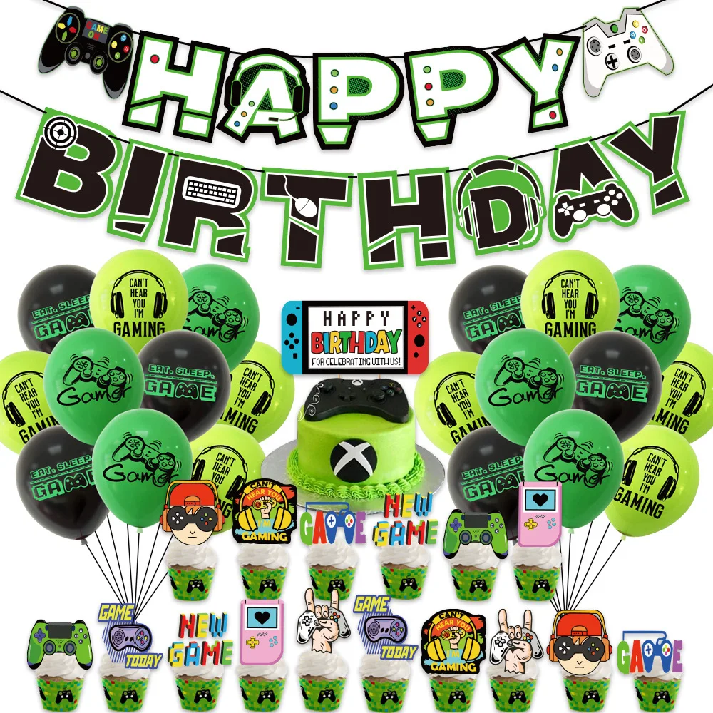 Happy Birthday Gamer Banner Play Games Theme Green Black Balloons Garland for Video Game Gaming Party Decorations