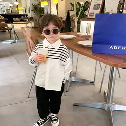 1-7 Y Children's Striped Shirt Spring and Autumn 2026 New Boys Fashion Patchwork Long Sleeved Top Baby Spring Shirt
