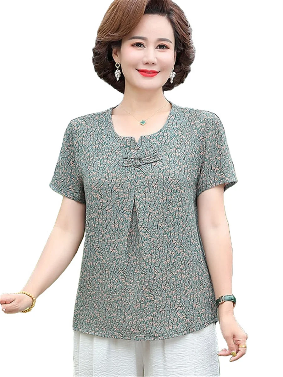 5XL Women Spring Summer Blouses Shirts Lady Fashion Casual Short Sleeve O-Neck Flower Printing Blusas Tops TT2120