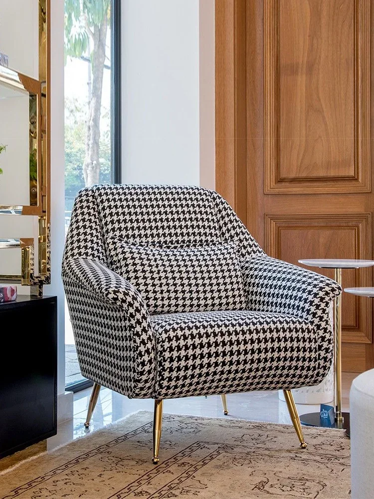 Nordic light luxury sofa chair fabric thousand bird grid leisure sofa chair Nordic single chair living room sofa chai