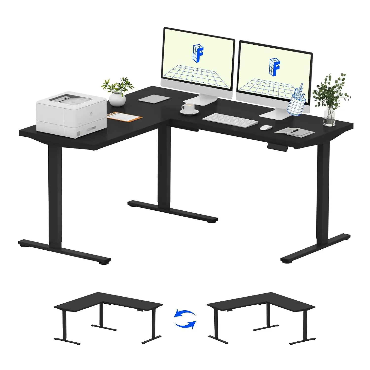 L-Shaped Standing Desk Reversible Corner Electric Height Adjustable 63x55 Black, Customized