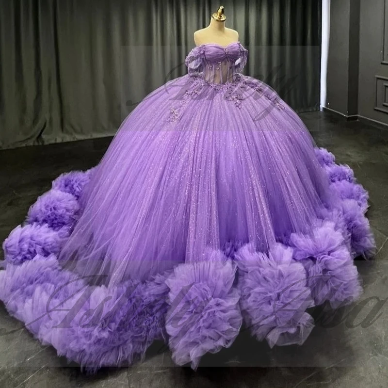 Luxo lavanda princesa 15 quinceanera vestido fora do ombro grânulo applique plissado tule inchado feminino baile de formatura festa de aniversário personalizado