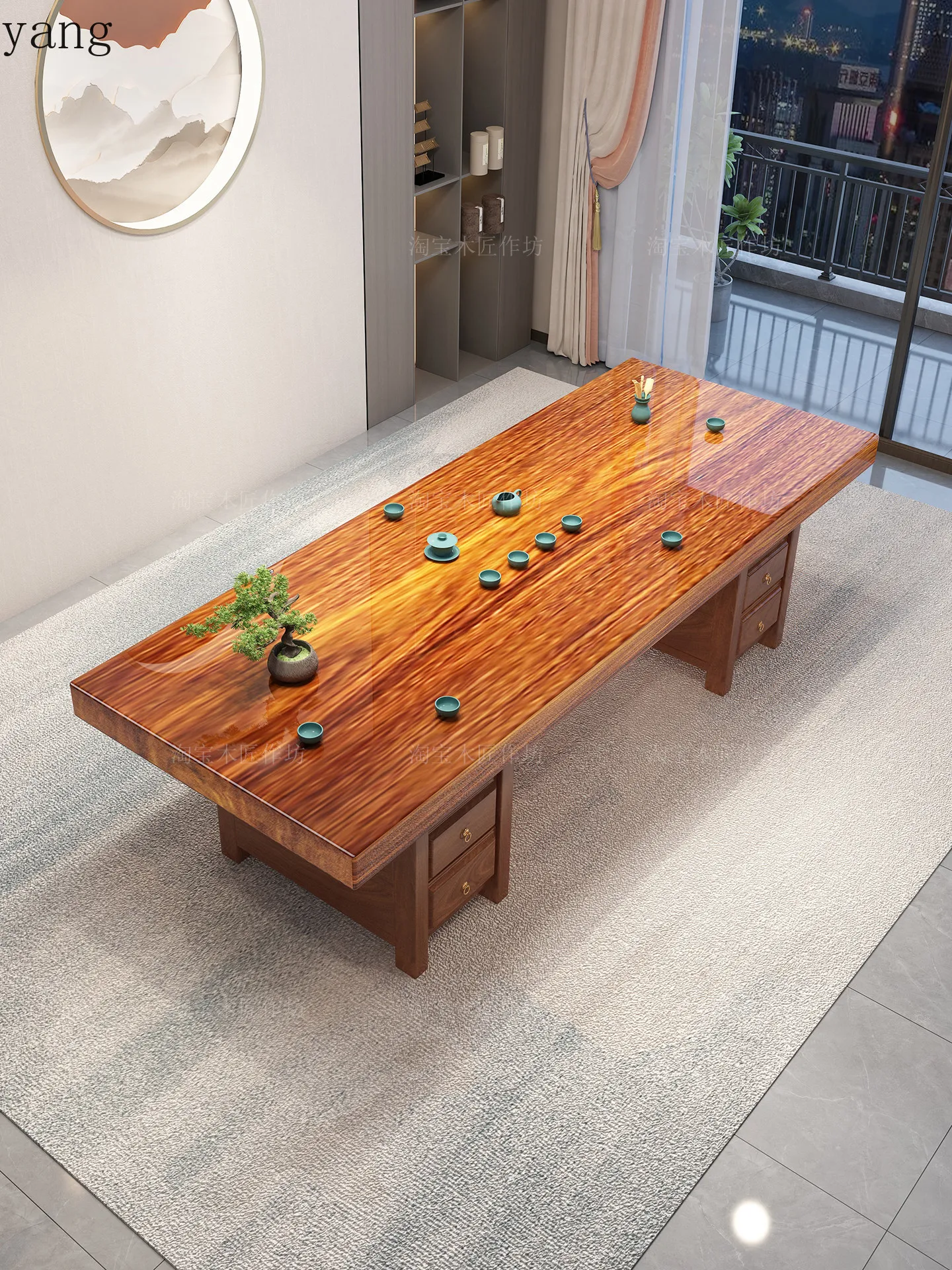 

LMM solid wood large board tea table and chair combination one table and five chairs home tea table desk