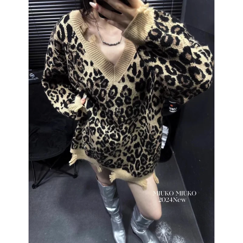 Khaki Odzież damska Vintage Sweter z dzianiny Szara kurtka Leopard Print Pullover Długi rękaw Casual Fashion Damskie zimowe topy