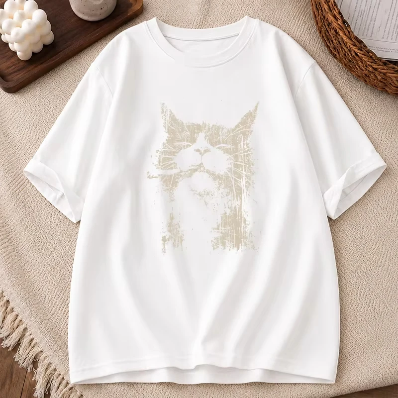 Retro Cat Meme Print Fashion Humor T-Shirt Women Men Vintage Tees Unisex Student Casual Tops Tees Cat Lover Cool T Shirt
