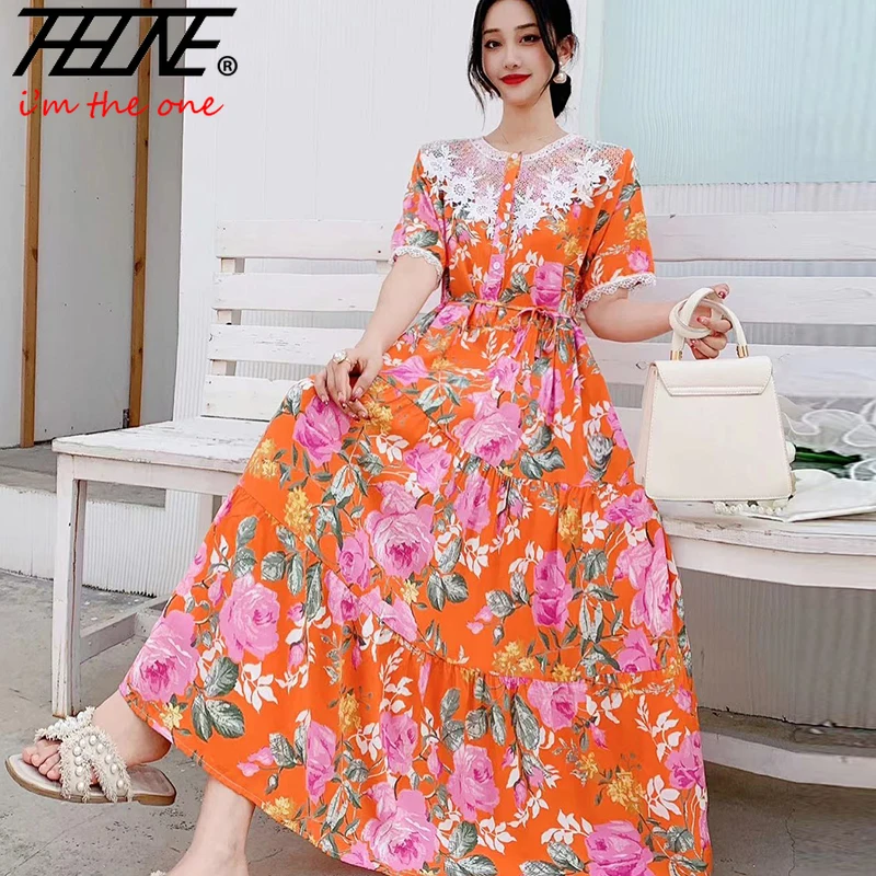 Summer Dress Women 2024 Vestidos Casual Plus Size Long Maxi Korean Style Beach Floral Cotton Lace O Neck Bohemian Indian Clothes