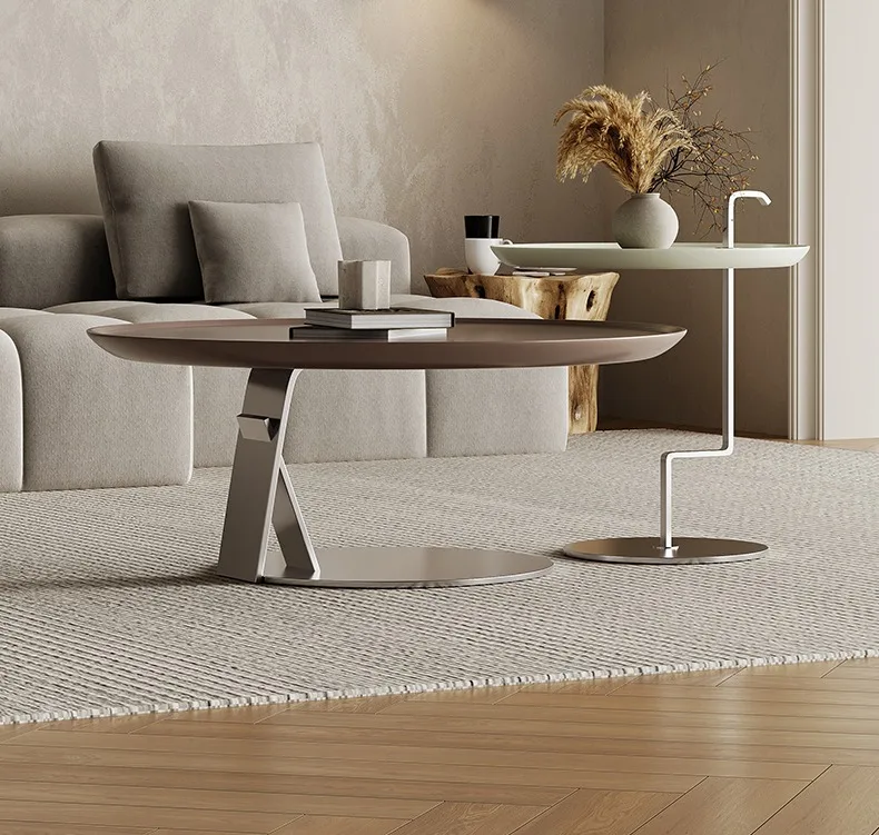 tgModern European Luxury Designer Stainless Steel Wooden Panel Decorative Round Small Living Room Coffee Desk Coffee Table%