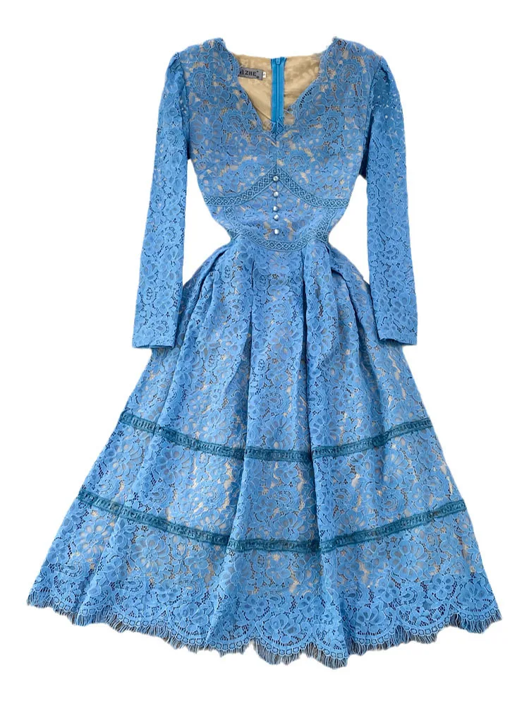 Summer Autumn Flower Embroidery Blue Lace Prom Dress Women Long Sleeve Midi Vestidos Party