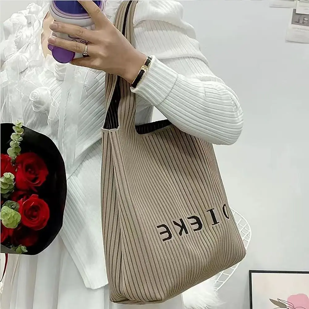 Casual Streak Shoulder Bag Handmade High-capacity Handbag All-match Letter Printing Knitted Bag for Women Girls