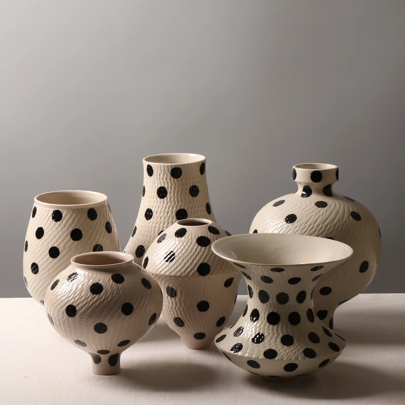 Black Polka Dot Ceramics Vase Plant Pots Table Decoration Flower Arrangement Black Spot Floral Vases Room Aesthetic Decor