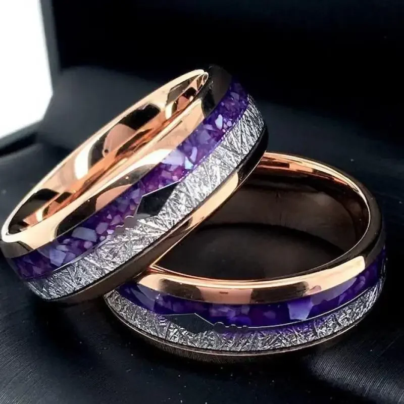 New Amethyst Gradient Splicing Ice Silk Foil Ring, Stainless Steel Carbon Fiber Couple Jewelry Ring, Exquisite Gift