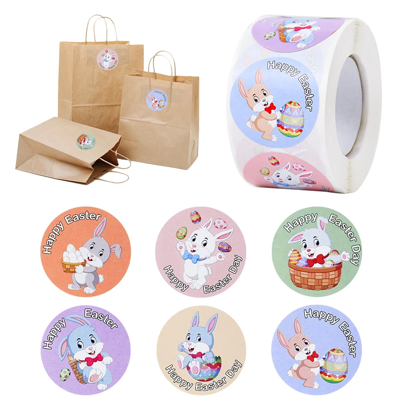 

500pcs 3.8cm Happy Easter Paper Stickers Cute Rabbit Eggs Gift Box Bag Package Sealing Labels Kids Easter Party DIY Decoration