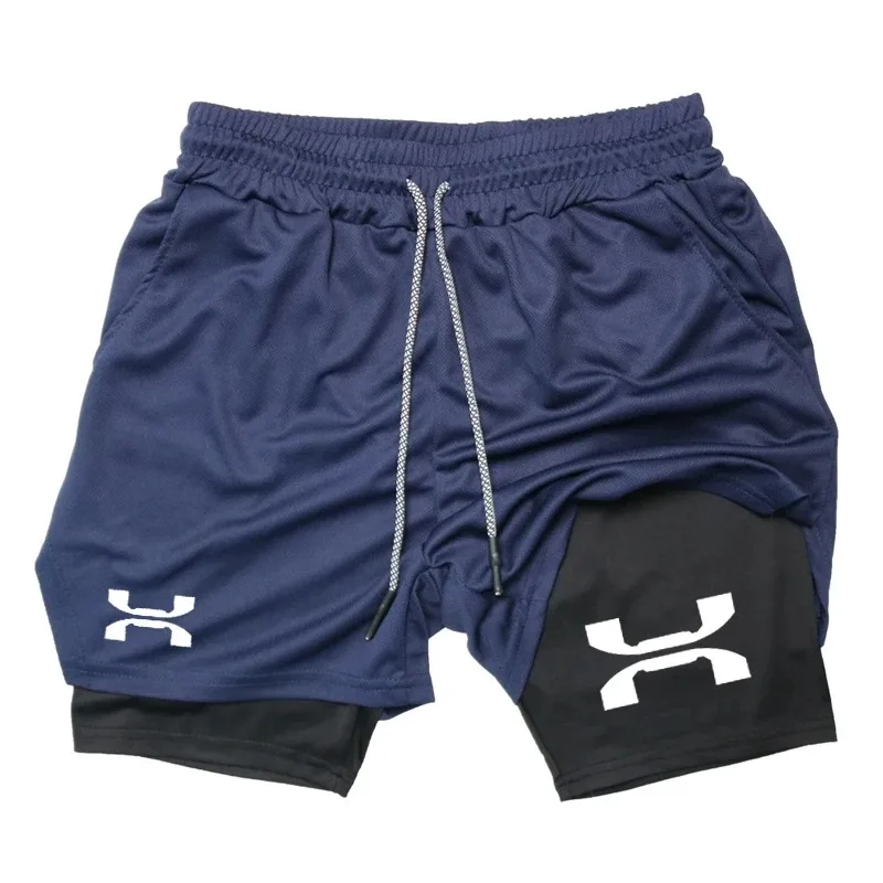 Shorts masculinos de compressão de deck duplo, shorts de corrida, calças curtas para jogging, calças esportivas, ginástica, fitness, treinamento esportivo, 2 em 1