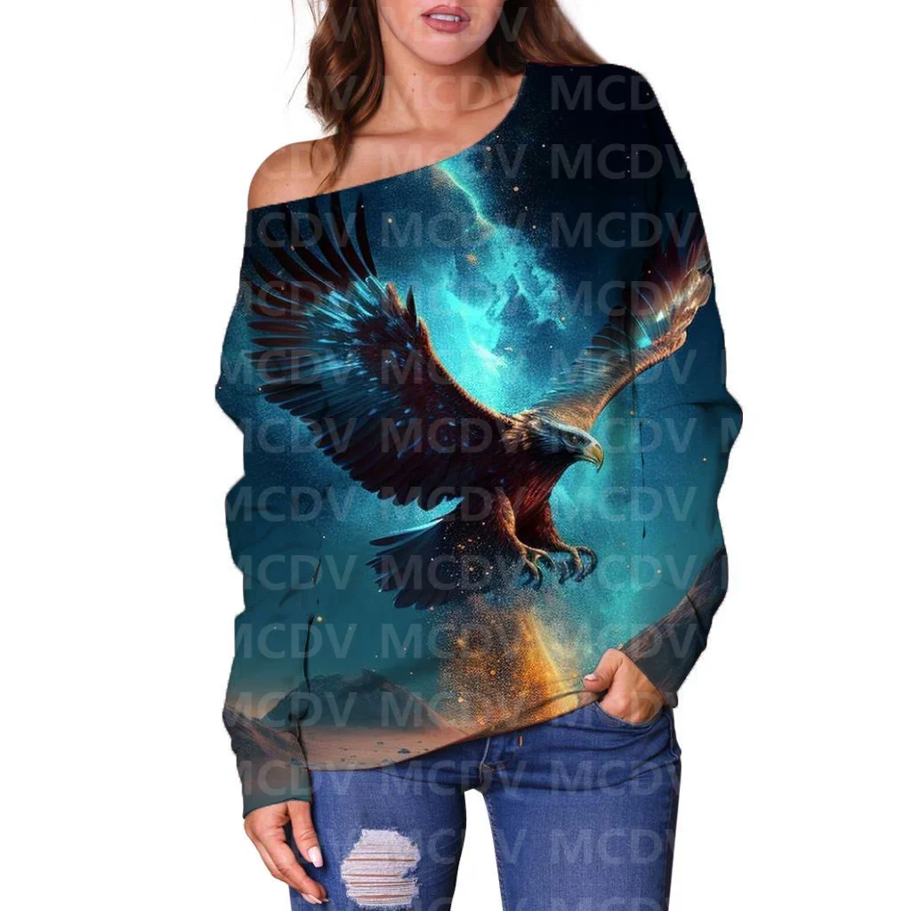 Women's Off Shoulder Sweater Eagle 3D Printed Women Casual Long Sleeve Sweater Pullover