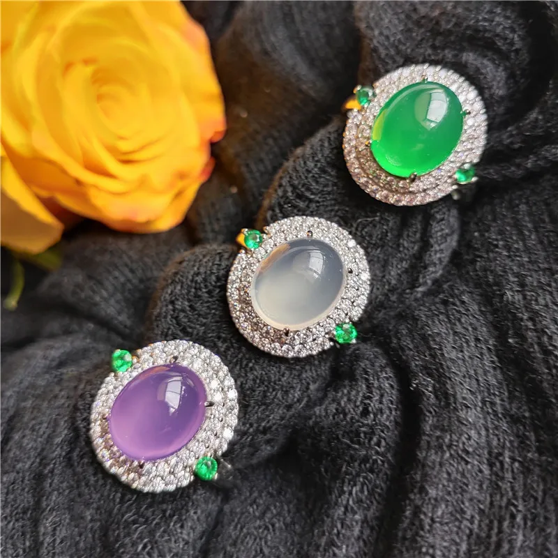

Natural Green Jadeite Color Violet Chalcedony Inlaid Ring