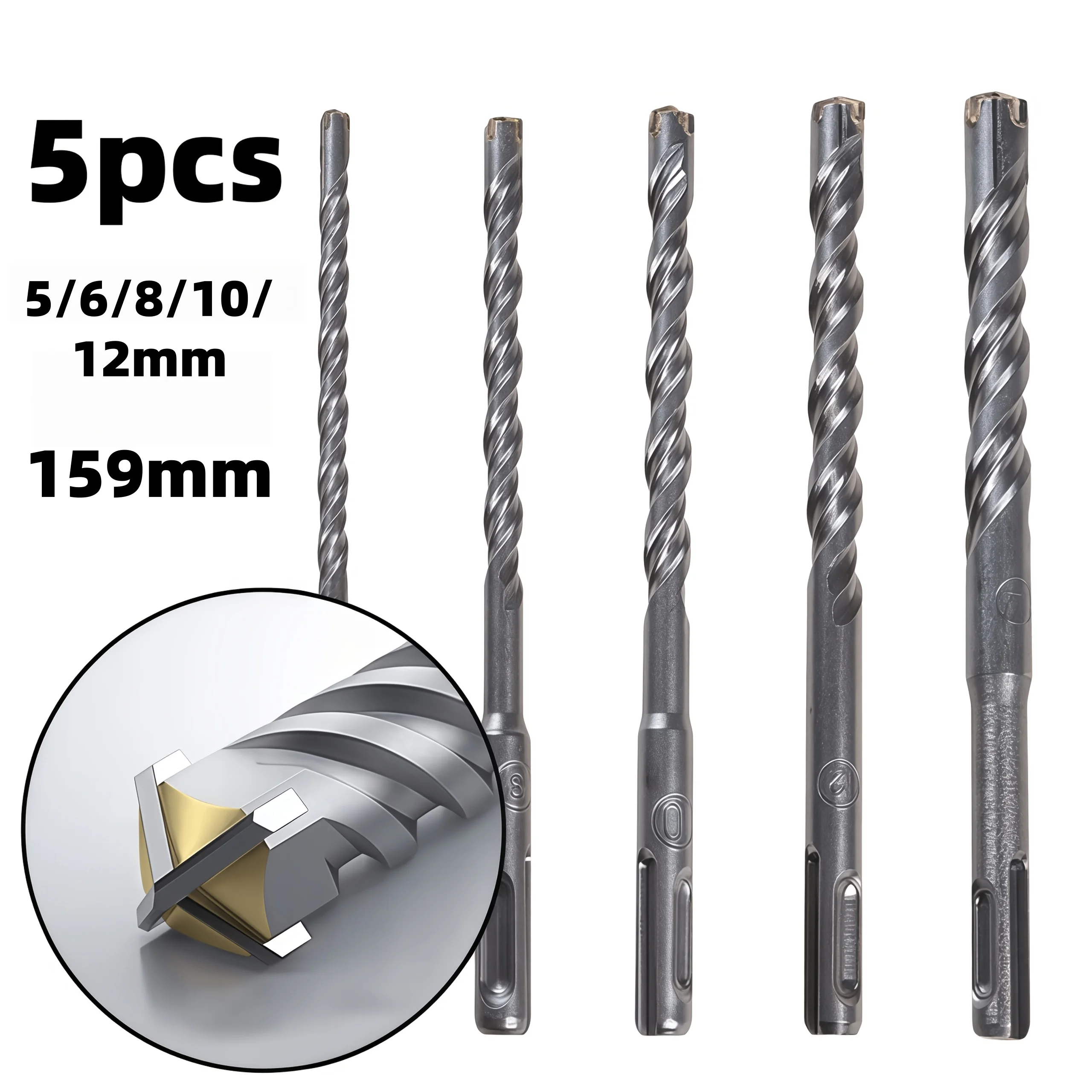 5Pcs SDS Plus Cross 4-Cutter Masonry Drill Bit Set 5/6/8/10/12mm Carbide Tip for Concrete Brick Stone Rotary Hammer