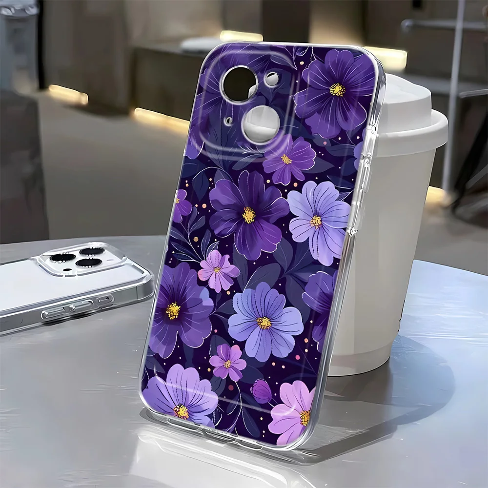 حافظة زهور Purpul لهاتف آيفون 13 حافظة آيفون 15 11 12 13 14 16 برو ماكس 16E 14 15 Plus iPhone16 غطاء سيليكون شفاف Funda