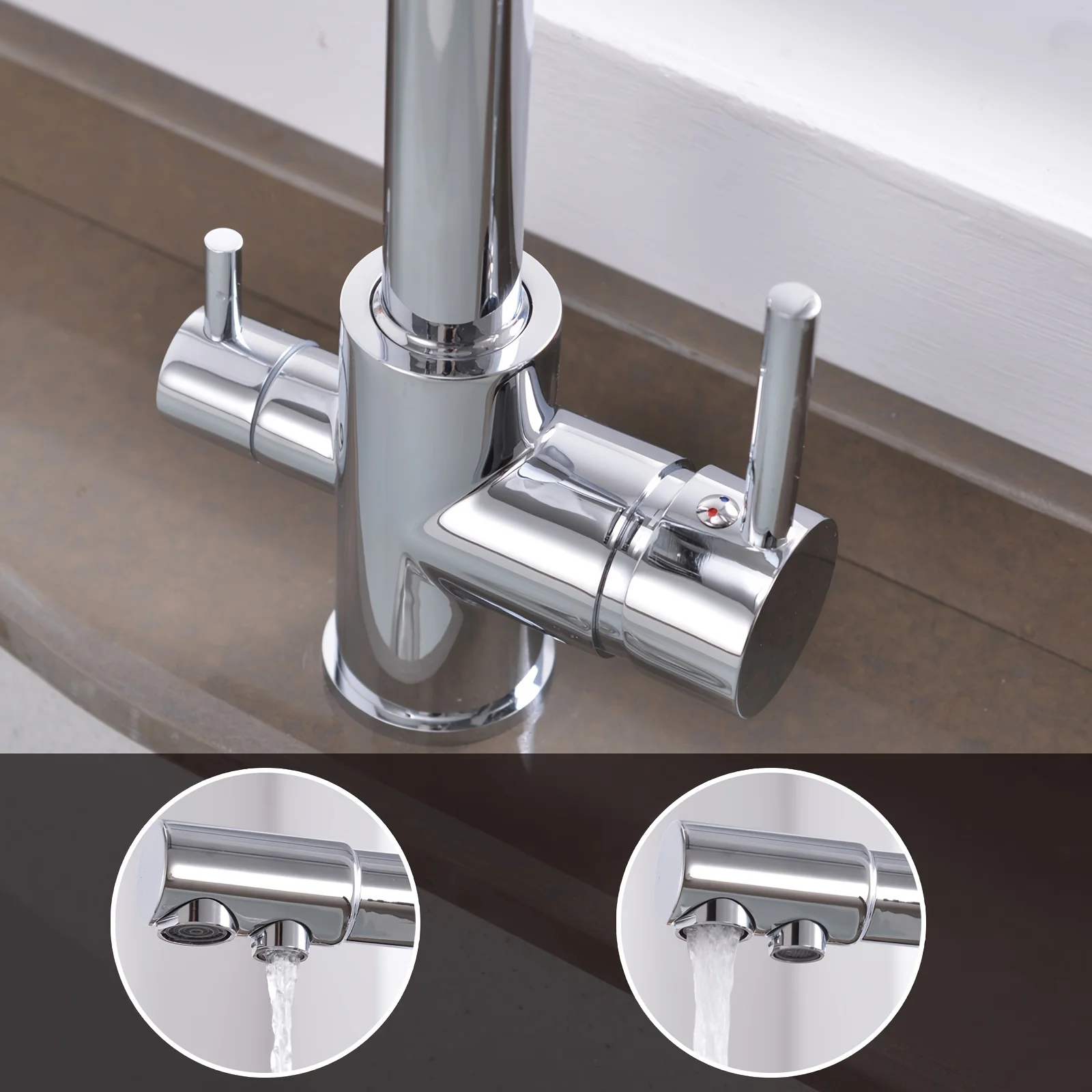 Grifo de cocina cromado، caño Giratorio doble، filtro purificador de agua potable، fregadero de latón، grifo mezclador 3 en 1