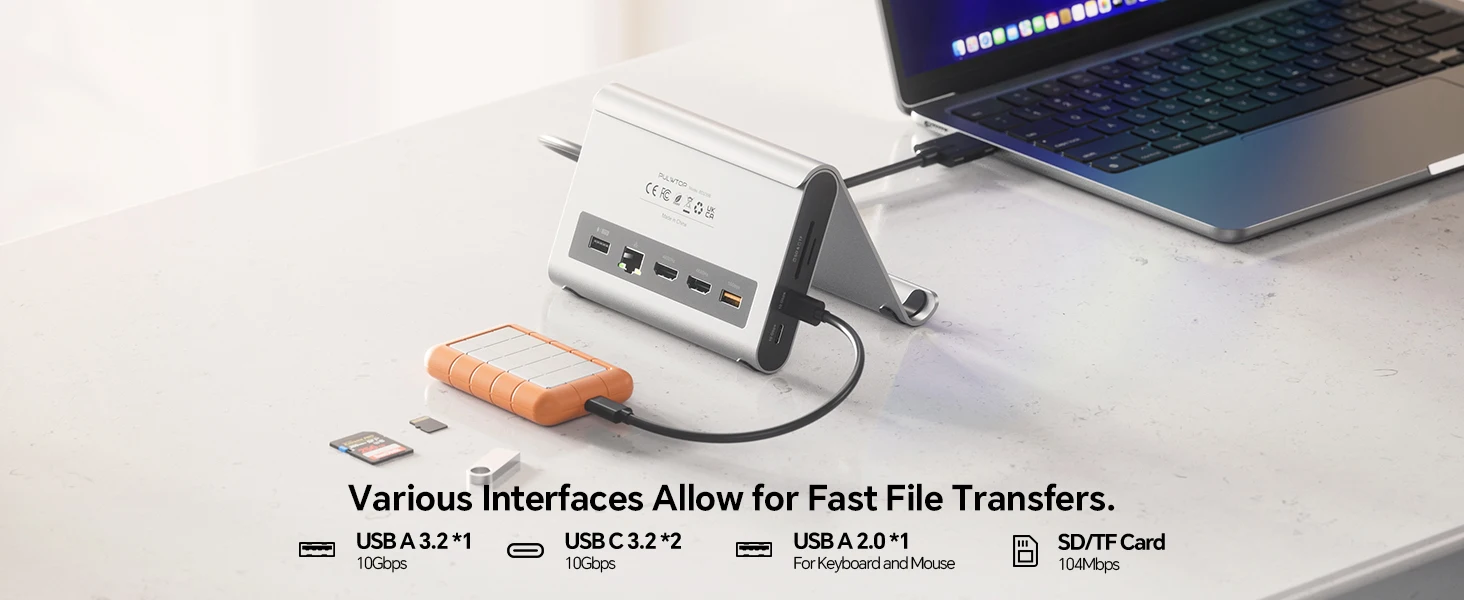 PULWTOP USB-C Dockingstation Ständer Laptop-Dock mit 2 HDMI, PD, Ethernet, USB A/C 10Gbps, Audio, SD/TF, USB 2.0 – Detail 5