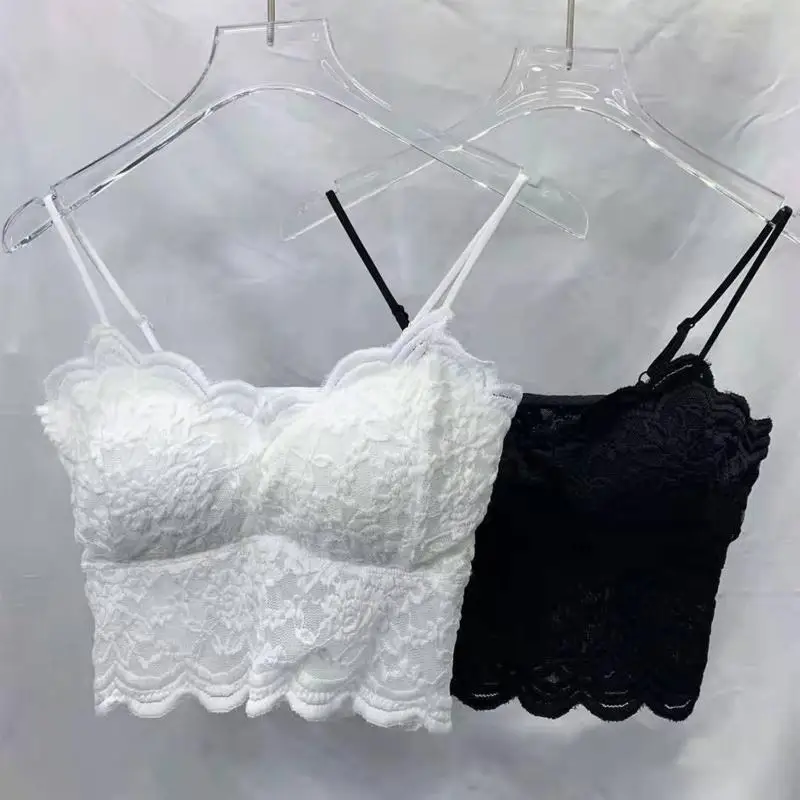 

Women Sexy Floral Lace Bottoming Vest with Chest Pad French Camisole Wirefree Basic Sling Crop Top