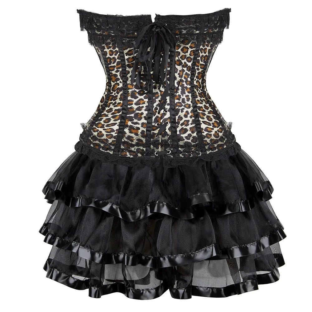 Sexy Satin Lace Leopard Overbust Corset Lingerie Top Vintage Bustier With Mini Tutu Skirt Victorian Striped Corset Dress Gowns