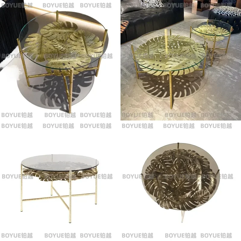 Italian Minimalist Round Side Table Brass Metal Frame Tempered Glass Top Light Luxury Living Room Sofa Accent Coffee Table