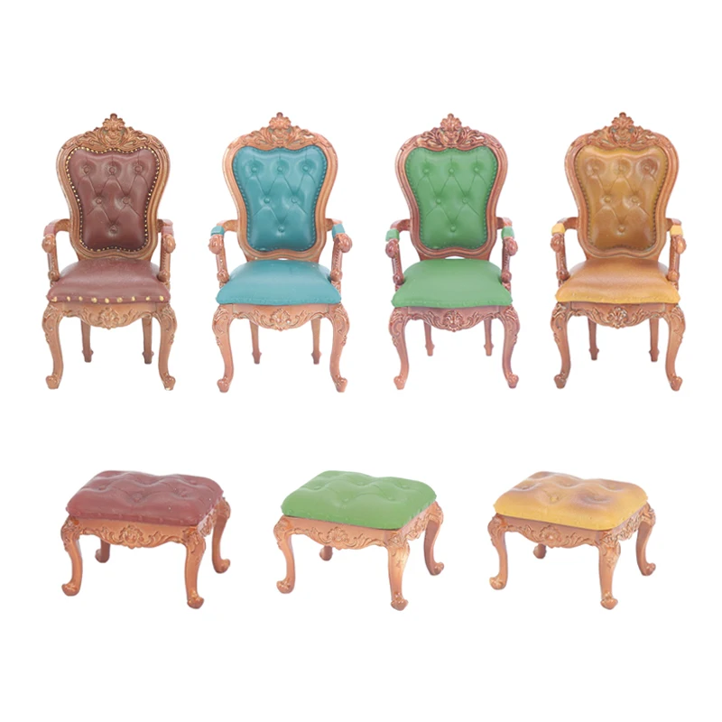 1Pcs 1:12 Dollhouse Miniature European Armchair Footstool Retro Study Chair Furniture Model Decor Toy Doll House Accessories