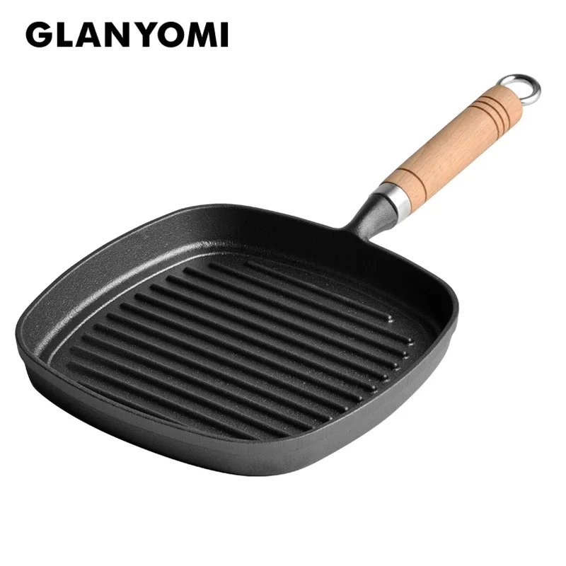 Cast Iron Square Grill Pan with Wooden Handle, Grill Pan for Stove Tops, Durable Skillet for Indoor & Outdoor Grilling