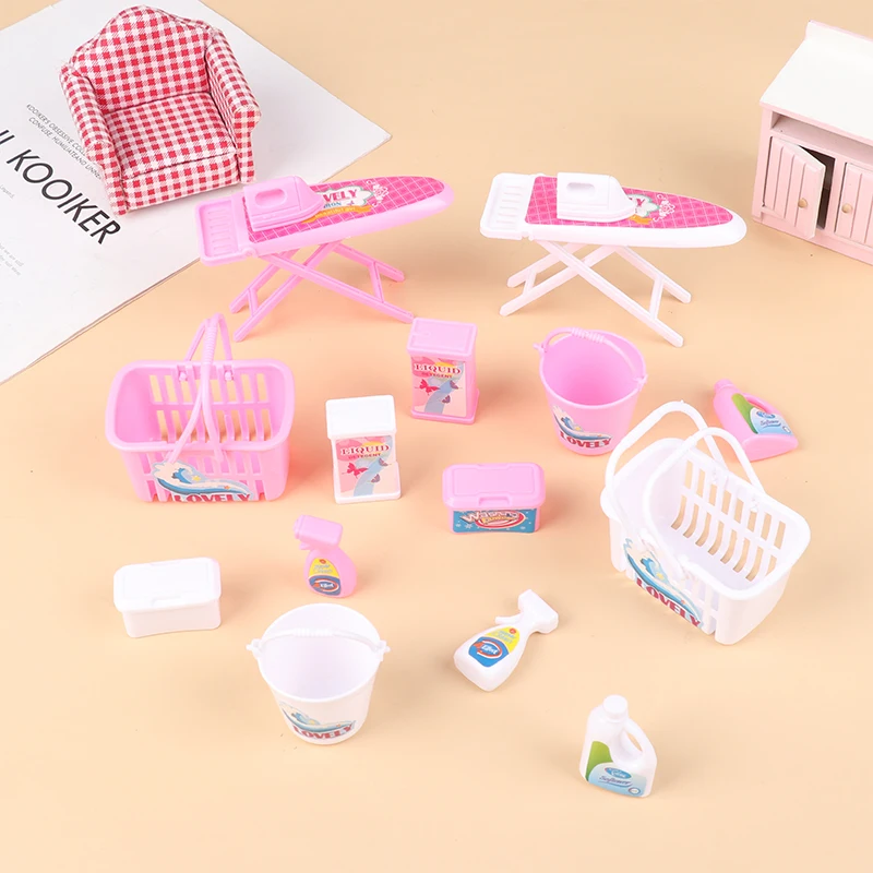 1Set Dollhouse Miniature Plastic Laundry Tools - Storage Basket Bucket Detergent Electric Iron Doll House Decor Toy Accessories