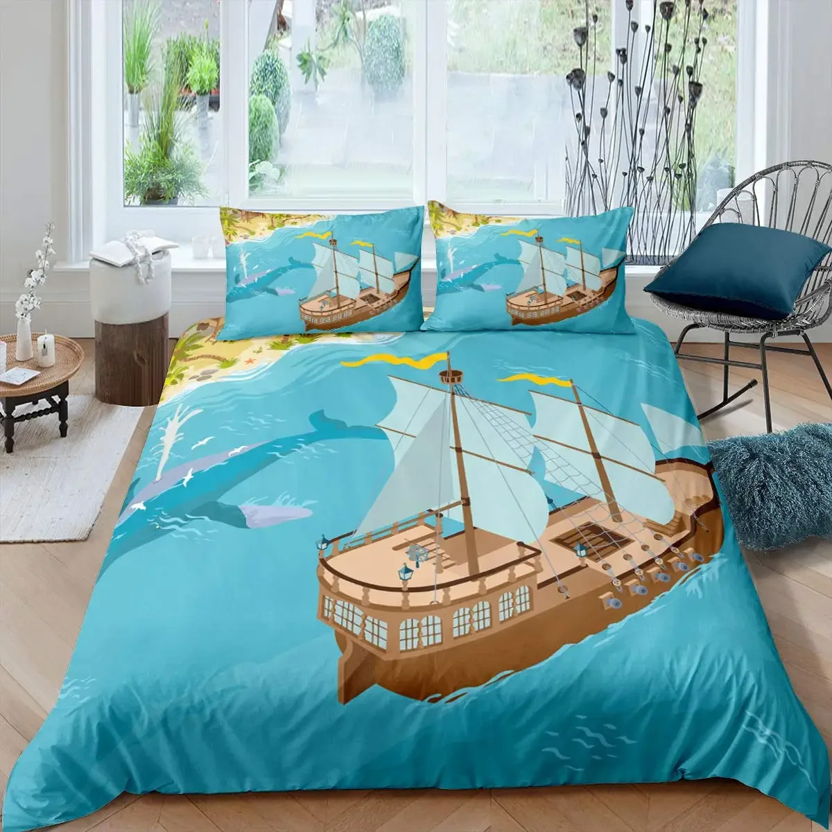 Nautical King Queen Duvet Cover Dragon Retro Blue Sailboat Rudder Bedding Set Sea Sailboat Comforter Cover Polyester Quilt Cover
