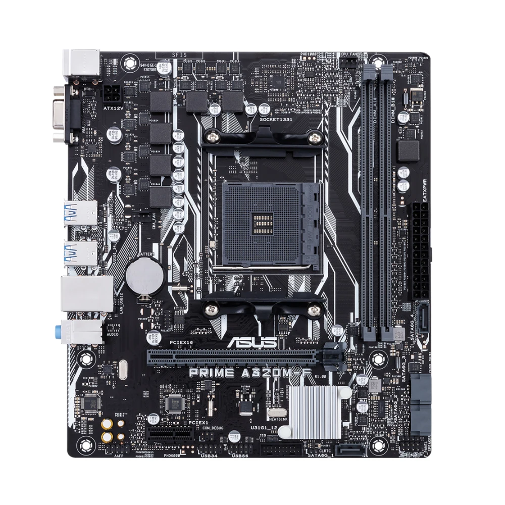 Used Motherboard, ASUS PRIME A320M-F, A320 Chipset, AM4 Socket for Ryzen 2nd Processors, Micro ATX Form Factor, Dual DDR4 Slots