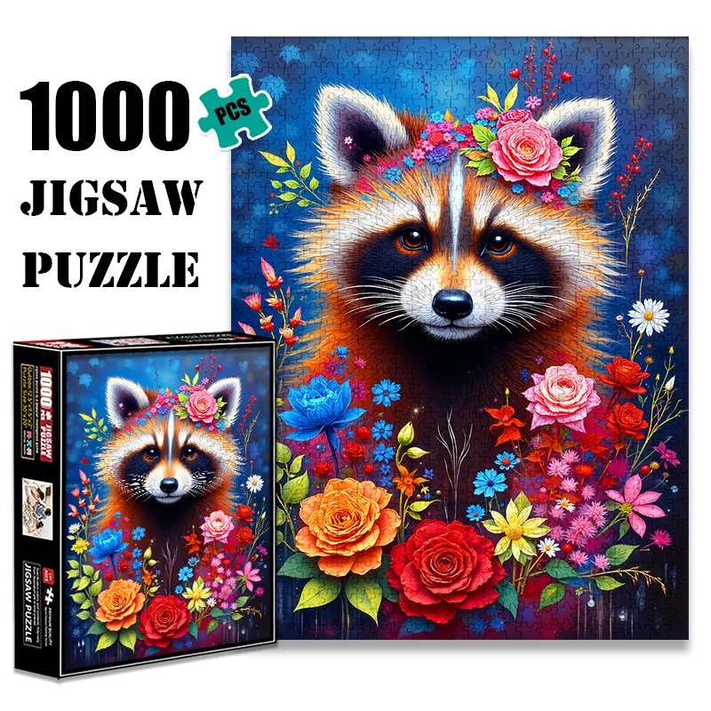 1000pcs Charming Raccoon & Floral Jigsaw Puzzle - Large, Vibrant Paper Puzzle for Adults, DIY Brain-Challenging Family Game, S