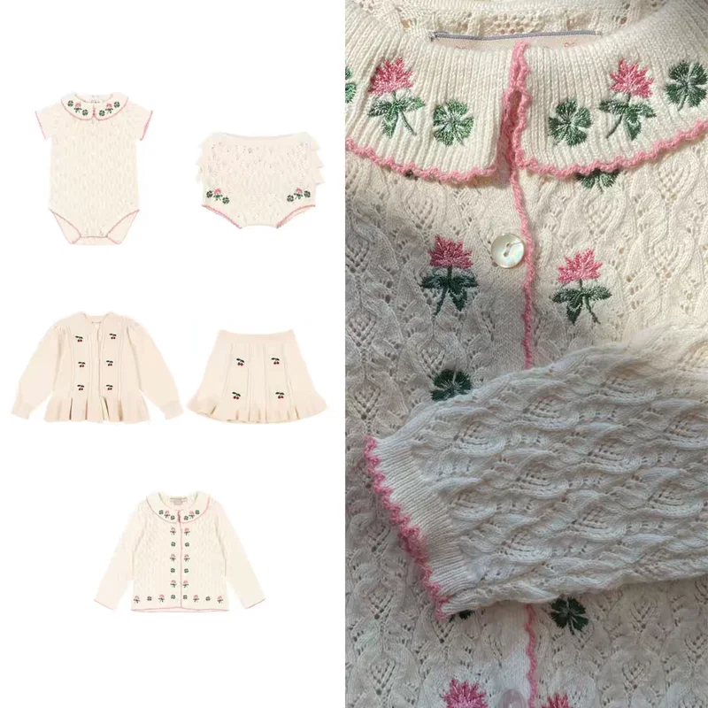 

In Stock 2026 Spring Summer KS Girls Knitted Embroidery Hollowed Out Cardigan Baby Romper Set Girls Shorts Kids Boutique Clothes