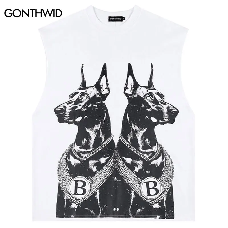 Hip Hop Tank Tops Y2K Streetwear Doberman Dog Graphic Print Sleeveless Vest T-Shirt 2024 Harajuku Punk Loose Cotton Tshirt Tops