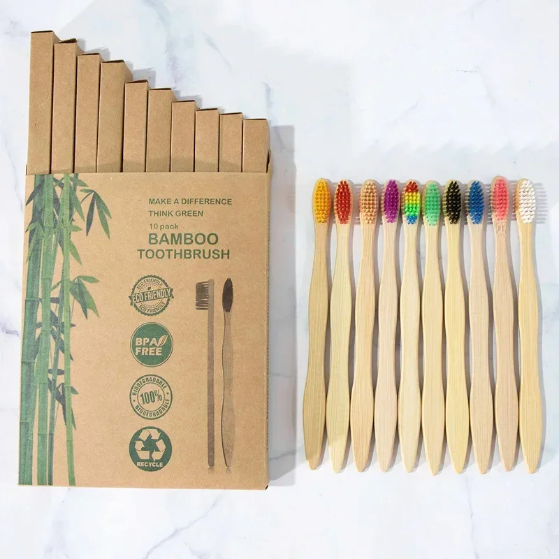 10Pcs Bamboo Toothbrush Eco Friendly Wooden Tooth Brush Soft Bristle Tip Charcoal Adults Oral Care Toothbrushes Hotel Travel