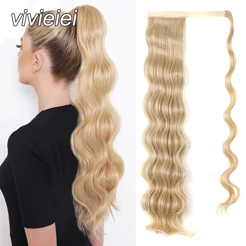 VIVIEIEI 24 Inches Long Natural Wave Ponytail Extension Hair Wig Ombre Honey Brown Blonde Synthetic Wrap Around Clip Ponytail